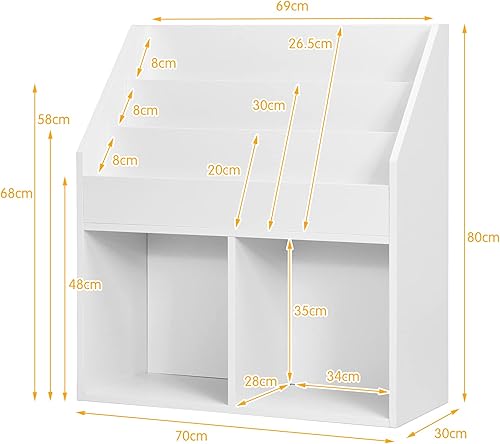 DREAMADE Bibliothèque Enfants 70x30x80CM,Étagère à Livres en Bois avec 3 Compartiments&2 Cubes Ouverts pour Chambre d'enfant,Charge 15KG (Blanc) - Nail Gallerys
