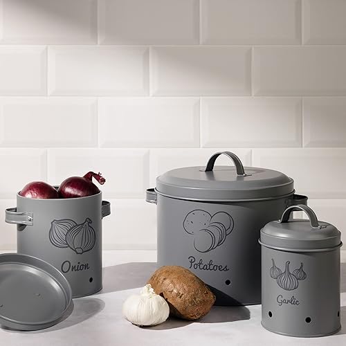 Navaris Set Boîtes Rangement Légumes - 3X Pot Rétro pour Conservation Pomme de Terre Oignon et Ail - 3X Bac de Cuisine en Fer - Design Vintage - Nail Gallerys