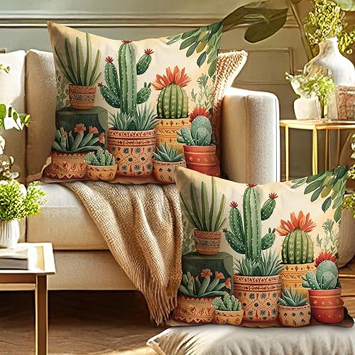 Lot de 2 housses de coussin décoratives carrées motif cactus et plantes du désert vert - Bohème - Décoration d'été pour maison, canapé, lit, canapé, 45,7 x 45,7 cm - Nail Gallerys