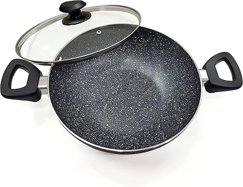 Ignite Cookware Wok anti-adhésif en marbre de 26 cm | Sauteuse avec couvercle en verre | Kadai | Sans PFOA pour une cuisson saine | Convient à toutes les plaques de cuisson, y compris l'induction - Nail Gallerys