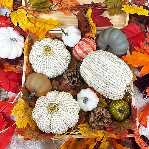 Songjum 3Pièces Statue de Citrouille en Résine Décoration de Citrouille Citrouille Scintillante Blanche et Dorée Pièce Centrale de Table pour la Décoration de Cuisine de Cadeau d'automne de Ferme - Nail Gallerys