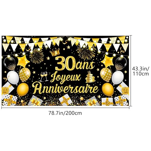 30 Ans Bannière Joyeux Anniversaire Noir Or 200 x 110cm 30 Ans Toile de Fond Joyeux Anniversaire 30 Ans Banderole Joyeux Anniversaire Garcon pour Fête d'Anniversaire - Nail Gallerys
