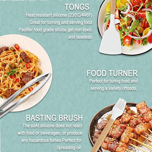 KAIYAYA Ustensiles de Cuisine Silicone 12 Pièces Lot Ustensile Cuisine avec Poignée en Bois Ustensiles Cuisine Antiadhésive Sans BPA passe au Lave-Vaisselle pour Tous Batteries de Cuisine - Nail Gallerys