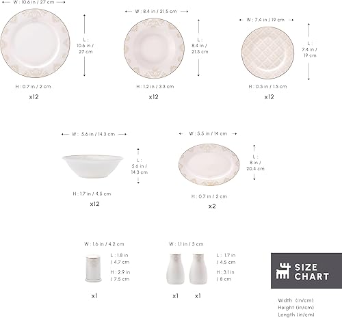 Karaca Siena Service de table 53 pièces en porcelaine avec assiettes plates, bols, salière et poivrière et cure-dents pour 12 personnes (blanc) - Nail Gallerys