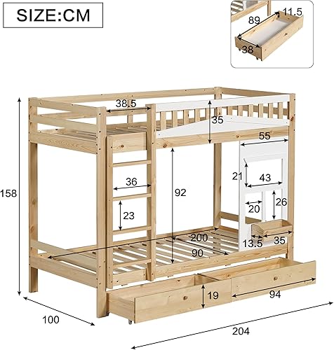 AEMOING 90 x 200 cm, lit superposé, lit d'enfant avec fenêtre, grille de protection anti-chute, rampe stable, deux tiroirs avec roulettes, grand espace de rangement, pin + MDF, blanc + naturel - Nail Gallerys