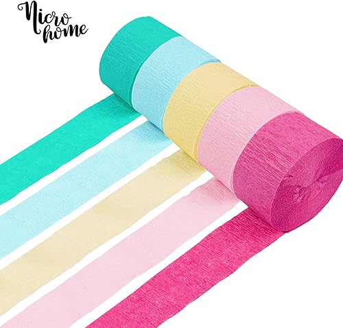 NICROHOME Unicorn Party Decorations-5 Rolls Mint Green Light Sky Blue Yellow Pink Rose Red Crepe Paper 82 ft Long Party Streamers for Wedding,Baby or Bridal Shower, Bachelorette Party, Birthday Decor - Nail Gallerys