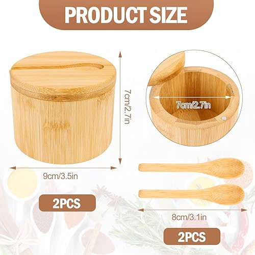 Byffoer Lot de 2 boîtes à sel en bambou de 6 oz avec couvercle pivotant magnétique et cuillère - Boîte de rangement ronde pour le stockage du sel, des épices, du poivre, des herbes - Nail Gallerys