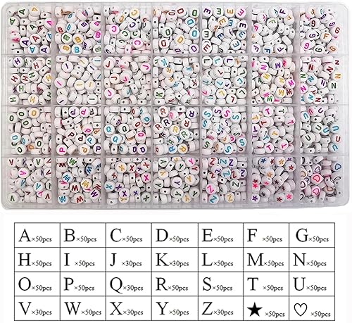 Bestac Lot de 1280 perles rondes avec lettres de l'alphabet de A à Z et ligne de cristal pour bracelets, colliers, loisirs créatifs, fabrication de bijoux (lettre colorée, blanc) - Nail Gallerys