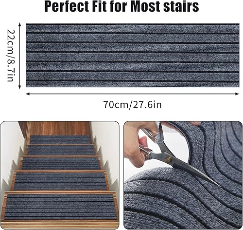IGTOPS Lot de 15 tapis d'escalier intérieur antidérapants 22 x 70 cm en polyester avec dos en TPE autocollant pour enfants, personnes âgées et animaux domestiques (gris avec rayures noires) - Nail Gallerys