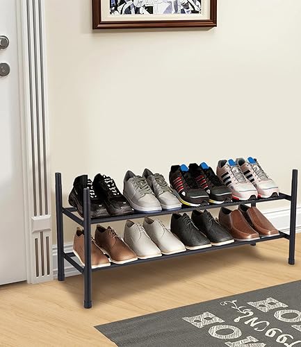 Zaxiva Meuble Chaussure 2 Niveaux, Étagère Chaussures Extensible 44-82cm, Range Chaussures en Acier Inoxydable, Porte Chaussures Stable en Noir, Rangement Chaussures Gain de Place pour Petits Espaces - Nail Gallerys
