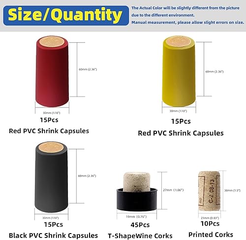 Glarks Lot de 100 bouchons en liège et capsules thermorétractables en PVC comprenant 55 bouchons de vin et 45 capsules thermorétractables de 3 couleurs pour bouteilles de vin, fabrication de vin et - Nail Gallerys