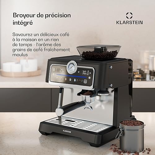 Klarstein GrandPresso Machine à Café Grain – 20 Bars, 1350W, Moulin Intégré, Buse Vapeur, Réservoir 2.3L, Machine Expresso, Chauffe-Tasses, Facile à Nettoyer - Nail Gallerys