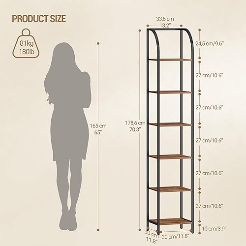 Hzuaneri Étagères Étroites à 6 Niveaux, Bibliothèque Verticale, Meuble de Rangement, Étagère Ouverte, Cadre Métallique, Convient pour Bureau, Salon, Chambre, Cuisine, Marron Rustique BC56001B - Nail Gallerys