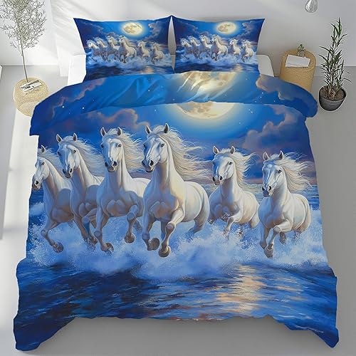 Housse de Couette Vagues Océan Cheval au Galop Housse de Couette 220x240 Fermeture Éclair, Animaux Botanique Prairie Parure de Lit avec 2 Taies d'oreiller Douce et Respirante - Nail Gallerys