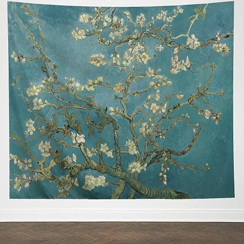 IcosaMro Van Gogh Tapisserie murale à suspendre, fleur d'amandier, art mural floral naturel [ourlets pliés] Décoration murale rustique pour chambre à coucher, dortoir, collège, salon, 130 x 152,4 cm - Nail Gallerys