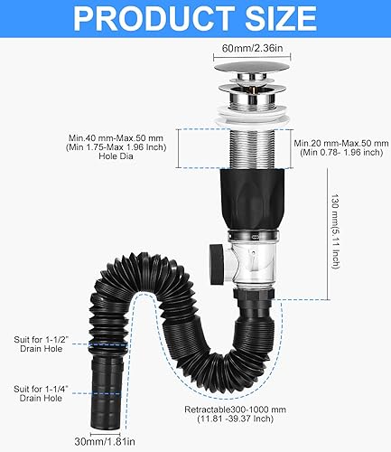 LEAZZLE Kit de Bonde de Lavabo, Siphon Lavabo Avec Pop-Up Bouchon de Vidange de Filtre et Tuyau de Vidange Flexible, Rétractable 300-1000mm, Pour Bain et Cuisine, Résistant Aux Odeurs Et Aux Insectes - Nail Gallerys