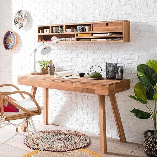 Nordic Story Table de bureau Studio avec 3 tiroirs et étagère flottante en bois massif chêne idéal pour ordinateur de bureau, meubles style nordique moderne 140 x 55 x 106 cm (chêne naturel) - Nail Gallerys