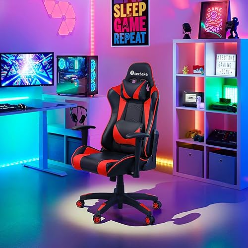 TecTake® Chaise Gaming Chaise de Bureau Fauteuil de Bureau Fauteuil pivotant Design, Coussin Lombaire et Nuque Inclus, Chaise Ergonomique, Fauteuil avec Accoudoirs, Roulette, Teletravail - Nail Gallerys