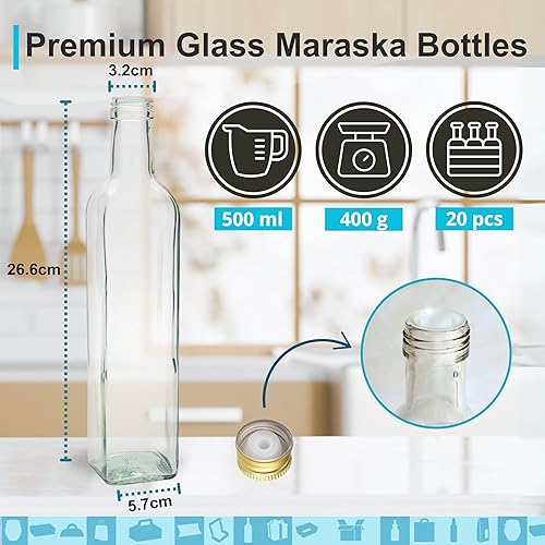 Espirito Rebelde 20 Bouteilles en Verre 500ml avec Bouchon a Vis Doré avec Bec Verseur | Huile d'Olive, Vinaigre, Alcool | Huilier en Verre - Nail Gallerys