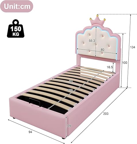 Merax Lit enfant 90 x 200 cm, rembourré, pour fille, lit simple, couronne, avec tête de lit réglable, bandes LED 16 couleurs, cadre de lit en cuir synthétique avec sommier à lattes et 2 tiroirs (sans - Nail Gallerys