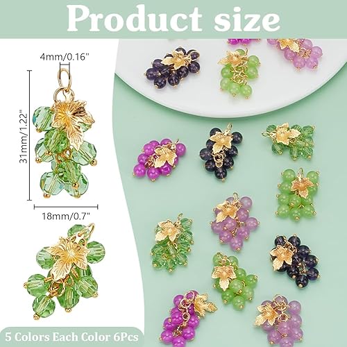 arricraft 30 pendentif en Verre en Forme de Raisin pour la Fabrication de Bijoux 5 style de Breloques en Forme de Raisin avec des Breloques en Forme de Feuille de Menthe Dorée 3D Breloques - Nail Gallerys