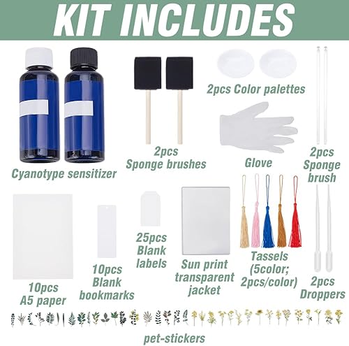 WEBEEDY Kit Cyanotype Comprenant 45 pièces Incluant 10 feuilles de Papier Cyanotype Format A5 10 Marque Pages 25 Étiquettes Vierges pour Débutants Adultes Kit de Papier Cyanotype - Nail Gallerys