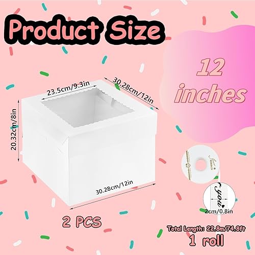 Lot de 2 boîtes à gâteau de 30 x 30 x 20 cm - Blanc - Avec autocollants mignons et ruban - Boîte à gâteau carrée - Carton solide - Pour le transport et la protection des tartes et pâtisseries - Nail Gallerys