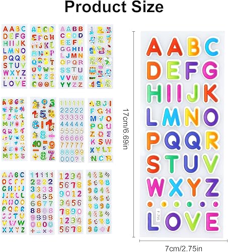 Lot de 12 feuilles d'autocollants 3D pour enfants - Alphabet coloré - Autocollants enflés - Numéros autocollants - Bricolage - Décoration pour filles et garçons - Nail Gallerys
