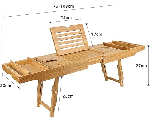 OHMG Panier de Bain Extensible,Plateau de Bain Réglable en Bambou Naturel avec Porte-vin Durable+Plateau,Planche de Bain en Bois de Luxe,Pont de Baignoire Extensible (B-70-105cm*22 * 4cm) - Nail Gallerys