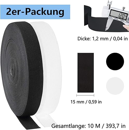 Elastique Couture, Lot de 2 Bandes Élastiques de 10 m, 15 mm de Large, Bande Élastique, Ruban Élastique pour Pantalons Élastiques, Ménage Bricolage Artisanat, Noir et Blanc - Nail Gallerys