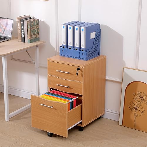 MMT Furniture Designs Caisson de Bureau à Roulettes - Meuble de Rangement à Tiroirs en Bois pour Documents et Fichiers - Paquet Plat - Armoire de Bureau Verrouillable avec 3 Tiroirs(42W x 44D x 68H)cm - Nail Gallerys