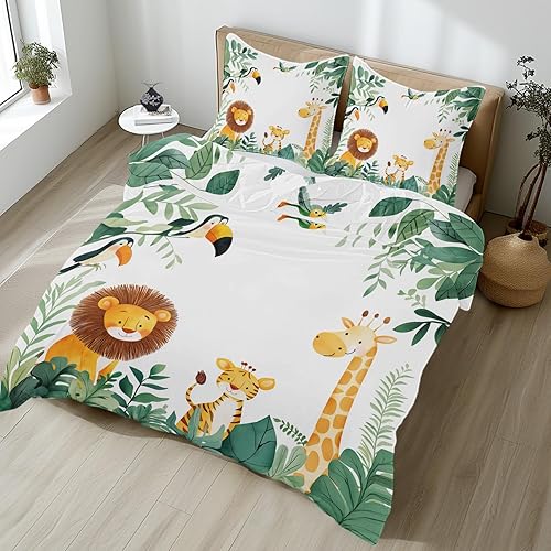 Générique Housse de Couette Animaux De La Jungle Parure de Lit 90x200 Enfant Bébé Safari Ensemble de Literie 1 Taie d'oreiller 65x65 Housse de Couette en Microfibre Adaptée Aux Garçons Filles Yl-44 - Nail Gallerys