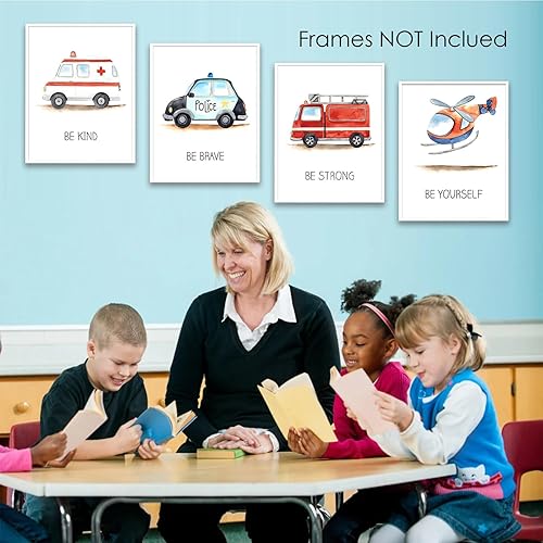 Lot de 4 impressions d'art mural pour chambre d'enfant, chambre de garçon, sans cadre, camion de pompiers, ambulance, voiture de police, transport de voiture, œuvre d'art pour chambre à coucher, - Nail Gallerys