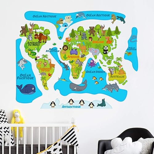 Stickers adhésifs Enfants | Sticker Autocollant Carte du Monde Pastel - Décoration murale chambres Enfants | 90 x 150 cm - Nail Gallerys
