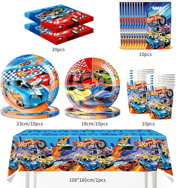 Kit Vaisselle Anniversaire Cars, 61 Pièces Décoration de Fête d'anniversaire pour avec Voiture de Course, Set de Vaisselle pour Fête d'anniversaire, Nappe, Assiettes, Gobelets, Serviettes - 20 Personn - Nail Gallerys