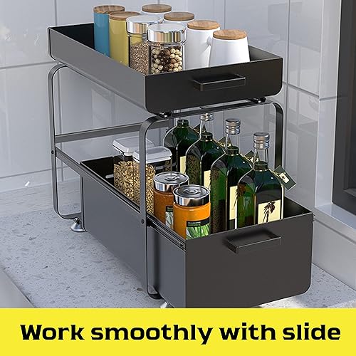 RETMI Étagère sous-évier empilable Under Sink - Organiseur de rangement pour cuisine et salle de bain - 2 niveaux - En acier carbone - Revêtement noir - Nail Gallerys