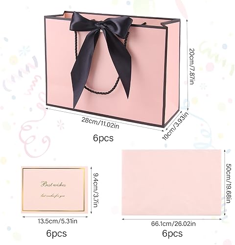 XIAQICA Sac Cadeau Rose 6 Sachet Cadeau en Papier + 6 Cartes + 6 Mouchoirs, Sacs Cadeaux 28 x 20 x 10 cm Pochette Cadeau avec Poignée et Arc Gift Bag pour Mariage, Fête, Anniversaire - Nail Gallerys