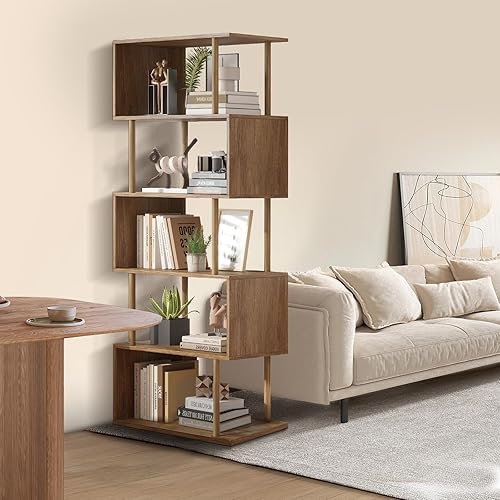 GERYMU Bibliothèque géométrique à 5 Niveaux avec Rangement en Forme de S et séparateur de pièce, étagère Industrielle pour Petit Espace, Marron Rustique - Nail Gallerys
