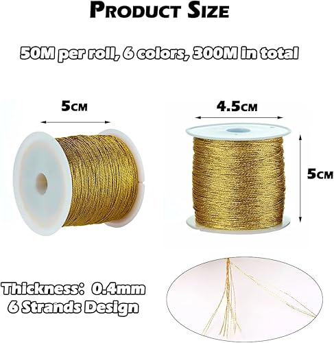 6 Rouleaux de Cordon Métallique, Scoubidou Fil Paillettes Fil Doré Crochet Metallic Cord Gold Twine, pour Bricolage, Bracelet, Bijoux, Décoration de Noël, Emballage de Cadeaux, 0,4 mm x 50 M/Rouleau - Nail Gallerys