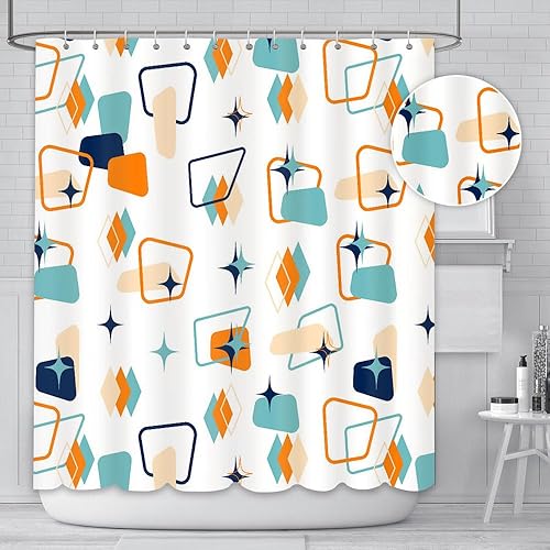 AIBIIN Rideau de douche 180 x 180 cm rétro abstrait géométrique espace classique années 1950 1960 motif emblématique moderne décoration d'intérieur durable en polyester imperméable avec 12 crochets - Nail Gallerys