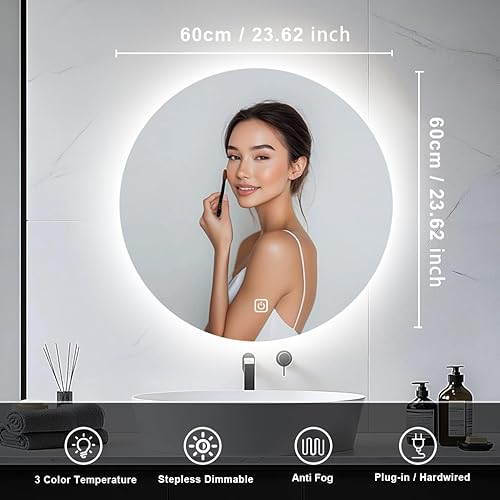 JAMUBOCHE Miroir de salle de bain LED pour lavabo de salle de bain rond 50 cm avec lumières rétroéclairées pour le rasage de douche, montage mural sans buée, éclairage 3 couleurs, IP54 - Nail Gallerys