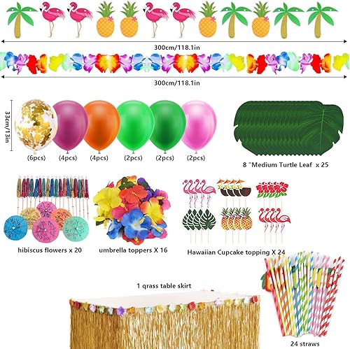 147 Hawaïenne Table Jupe Ballon Guirlandes Set Palmier de Simulation Fleurs d'hibiscus en Soie Cocktail Parapluie Pailles de Fruits Fruits 3D pour Beach Summer et Fête à Thème Hawaïenne - Nail Gallerys