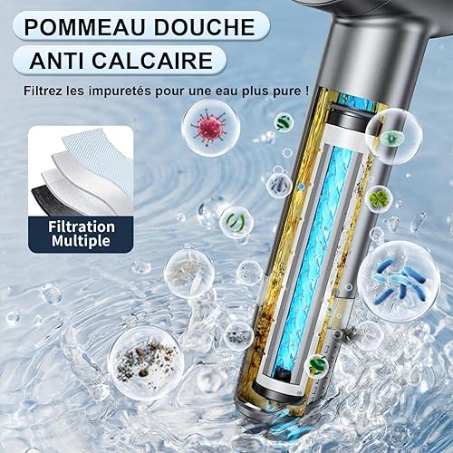 Pommeau de Douche Haute Pression, Pommeau Douche Anti Calcaire avec Tuyau 1.5M et Support de Douche, 4 Types de Jets Pommeau de Douche Economie Deau avec Bouton D'arrêt D'eau(Gris) - Nail Gallerys