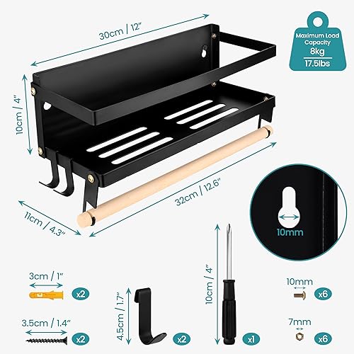BELLE VOUS Porte-papier de Cuisine avec Etagère - Capacité 8 kg - Barre Serviette de Salle de Bain - Rangement Cuisine Mural ou pour Établi - 2 Crochets Amovibles - Nail Gallerys