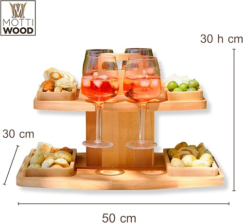 Plateau d'apéritif avec 2 étagères, 4 plateaux amovibles, 4 compartiments, porte-gobelets, 100 % bois de hêtre, planche à découper pour apéritif, bateau, portable, 50 x 30 x 30 cm, fabriqué en Italie - Nail Gallerys
