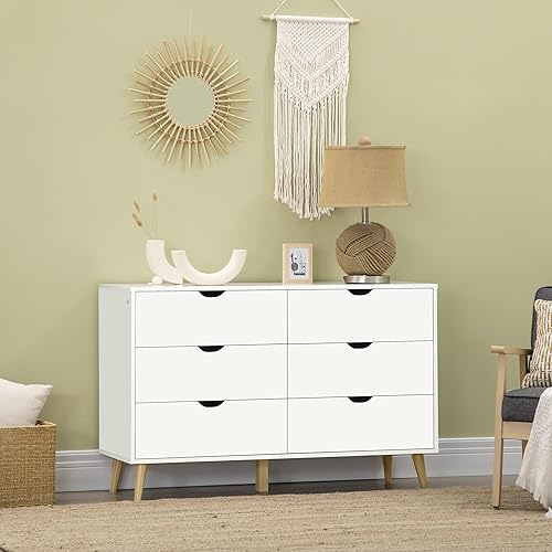 HOMCOM Commode 6 tiroirs Armoire avec tiroirs Meuble de Rangement Pieds en Bois Massif Style Moderne 120 x 40 x 76 cm Blanc - Nail Gallerys