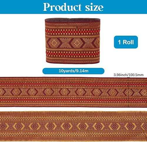 CABODYALS 9.14M Ruban Jacquard Ethnique Bleur et Doré Garniture Vintage Brodée Sangle Plate Rubans Broderie Tissé Géométrique Motif Losange pour Couture Vêtements Décoration Accessoires Artisanat - Nail Gallerys