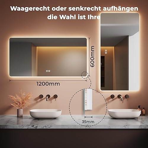 LOMIKEN Miroir de salle de bain avec éclairage, 120 x 60 x 3,5 cm, miroir mural avec verre sans cuivre de 3,5 cm, LED à intensité variable, fonction anti-buée, interrupteur tactile - Nail Gallerys