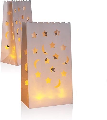 JAHEMU Sac à Bougies Blanc Lanternes Résistants à la Flamme Luminaires Sac en Papier pour Décoration Mariage Anniversaire Fete 20 Pièces (Lune et Étoilée Motif) - Nail Gallerys