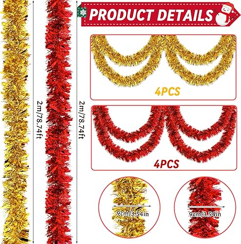 Lot de 8 Guirlandes de Noël 2 m, Tinsel et Garland Métallique Scintillante pour Décoration de Fête, Sapin Intérieur et Extérieur - Nail Gallerys